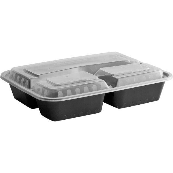 Choice 36 oz. Black 3-Compartment Rectangular Microwavable Heavy Weight Container with Lid - 150/Case